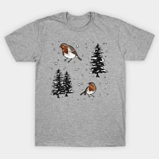 Robin and Snow Covered Trees Pattern Digital Illustration T-Shirt